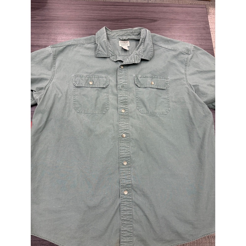 LL Bean Mens XXL Short Sleeve Button Down‎ Shirt Green 100% Cotton Workwear